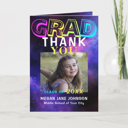 Foto Collage Mittelstufe Abschluss Neon Dankeskarte (Vorderseite)