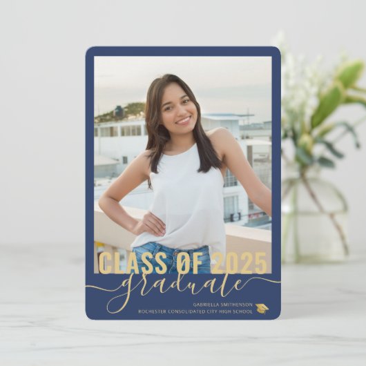 Foto Collage Modern Blue Abschluss Open House Ankündigung (Stehend Vorderseite)