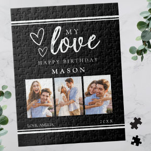 Foto-Collage Modern Schwarz Happy Birthday Puzzle