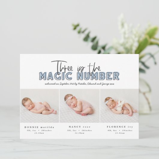 Foto Collage moderne Triole Geburtsankündigung Ankündigung (Stehend Vorderseite)