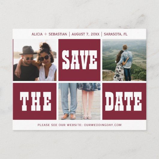 Foto Collage moderne Typografie rett Datum Hochzei Ankündigungspostkarte (Vorderseite)