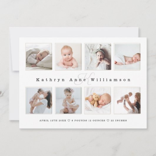 Foto Collage & Monogram Birth Ankündigung (Vorderseite)