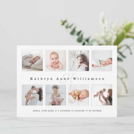 Foto Collage & Monogram Birth Ankündigung (Stehend Vorderseite)