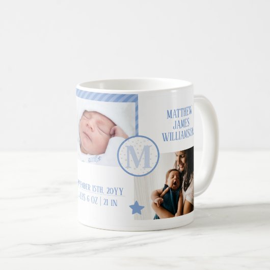 Foto Collage, Monogram & Birth Stats für Neugebore Kaffeetasse (VorderseiteRechts)
