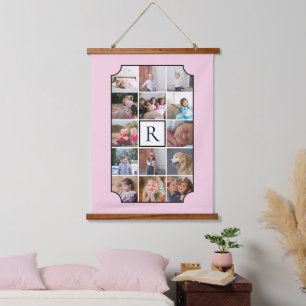 Foto Collage monogramm gekrümmte Ecken rot Rosa Wandteppich Mit Holzrahmen