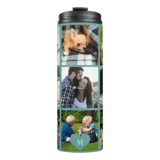 Foto Collage Monogramm personalisiert modern grün Thermosbecher (Vorderseite)