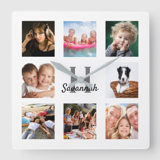 Foto Collage Monogramm Quadratische Wanduhr (Vorderseite)