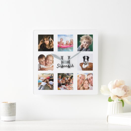 Foto Collage Monogramm Quadratische Wanduhr (Zuhause)