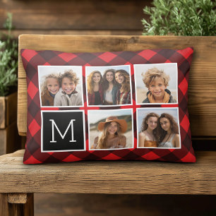 Foto-Collage - Monogramm Rot Schwarz Buffalo Karo Dekokissen