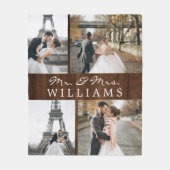 Foto Collage Mr & Mrs. Newlywed Monogram Dark Wood Fleecedecke (Vorderseite)