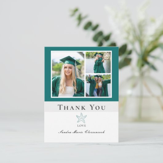 Foto Collage Nautical Green Starfish Absolvent Dankeskarte (Stehend Vorderseite)
