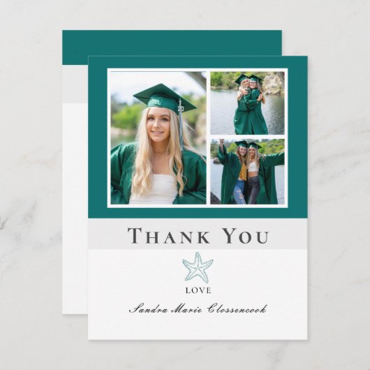 Foto Collage Nautical Green Starfish Absolvent Dankeskarte (Vorne/Hinten)