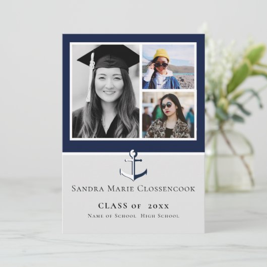 Foto Collage Nautical Navy Blue Anchor Absolvent Ankündigung (Stehend Vorderseite)