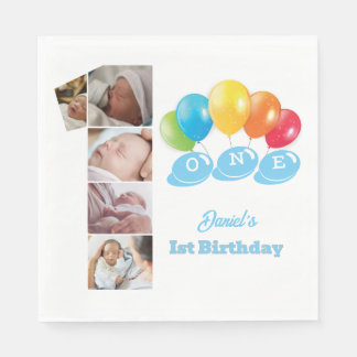 Foto Collage Nummer Eins Boy's Name 1. Geburtstag Serviette
