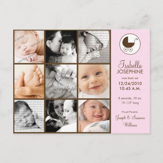 Foto Collage Pink Baby Geburtsankündigung Ankündigungspostkarte (Vorderseite)