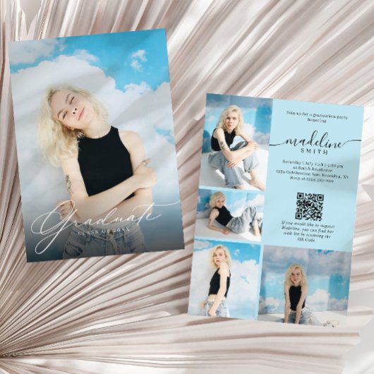 Foto-Collage QR-Code Blaue Abschlussfeier Einladung