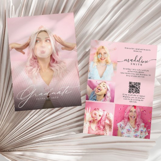 Foto-Collage QR-Code Blush-Pink Abschlussfeier Einladung