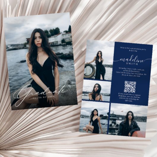 Foto-Collage QR-Code Navyblau Abschlussfeier Einladung