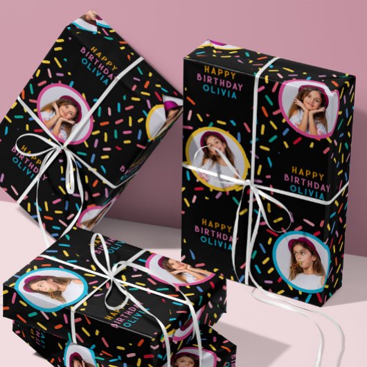 Foto Collage Rainbow Sprinkles Happy Birthday Geschenkpapier Set