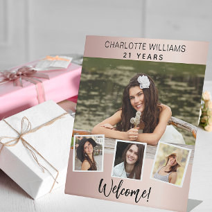 Foto Collage Rose Gold Geburtstagsparty Begrüßung Sockelschild