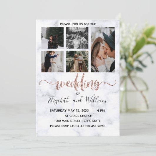 Foto Collage Rose Gold Glitzer Kalligrafie Hübsch Einladung (Stehend Vorderseite)