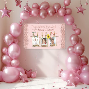 Foto Collage Rose Gold Glitzer Sweet 16 Geburtstag Banner
