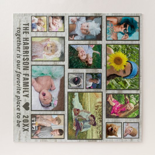 Foto Collage Rustic Wood Custom Family Pic Square Puzzle (Horizontal)