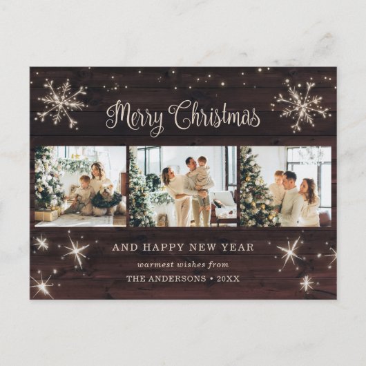 Foto Collage Rustic Wood Snowflake Feiertagspostkarte (Vorderseite)