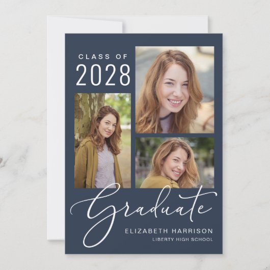 Foto Collage Script Blue Abschluss Ankündigung (Vorderseite)