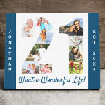 Foto Collage Set in Nummer 21 Blau Weiß Custom Leinwanddruck<br><div class="desc">Erstellen Sie Ihr eigenes einzigartiges 21. Geburtstagsgeschenk. Diese smarte Leinwand ist eine großartige Möglichkeit, Ihre Foto-Collage anzuzeigen. Die Vorlage ist für Sie bereit, um Ihre Lieblings-Fotos, die automatisch in der Form der Zahl 21 angezeigt werden, hinzuzufügen. Sie können auch Ihren Namen und Ihr Geburtsjahr (oder Nachname) in fett weißem Druck...</div>