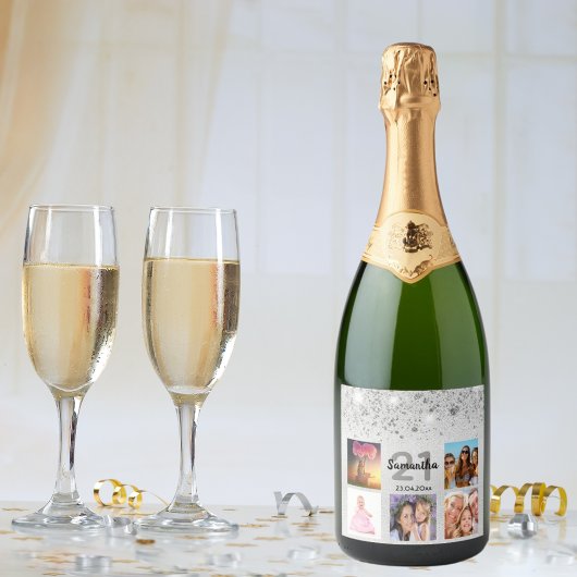 Foto-Collage silber Glitzer Monogramm Schaumweinetikett