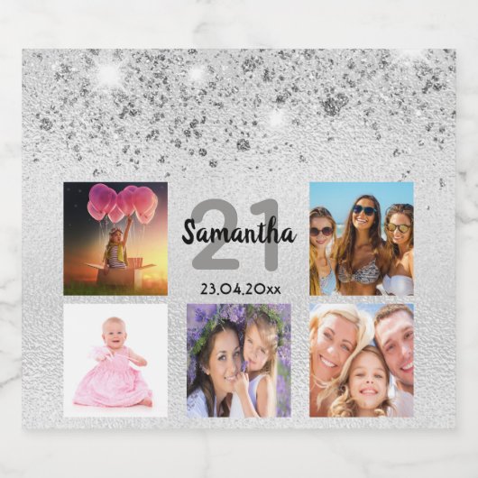 Foto-Collage silber Glitzer Monogramm Schaumweinetikett (Einzelnes Label)