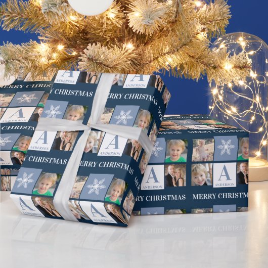 Foto Collage Snowflake Blue Monogram Christmas Geschenkpapier (Feiertage)