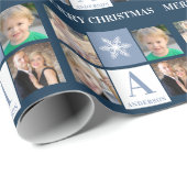 Foto Collage Snowflake Blue Monogram Christmas Geschenkpapier (Rolleneckpunkt)