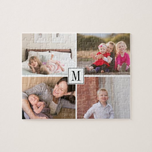 Foto-Collage und Monogramm vier Fotos der Familie Puzzle (Horizontal)