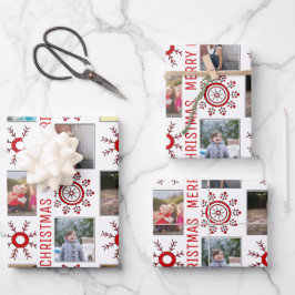 Foto Collage und Rote Schneeflocken Frohe Weihnach Geschenkpapier Set
