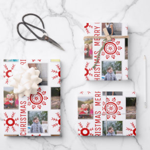 Foto Collage und Rote Schneeflocken Frohe Weihnach Geschenkpapier Set