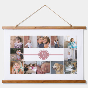 Foto Collage von 12 Fotos staubige Rose Monogramm Wandteppich Mit Holzrahmen