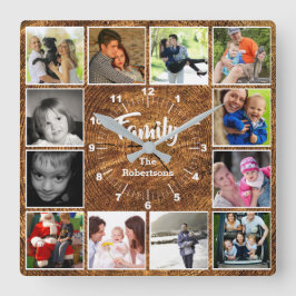 Foto Collage Wall Clock der Familie - Baumreife Quadratische Wanduhr