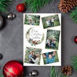Foto Collage Weihnachtsblattkranz Feiertagskarte<br><div class="desc">Senden Sie Liebe und Freude in dieser Urlaubssaison mit einer Weihnachtsgrüßkarte mit fünf hübschen Fotos Ihrer Familie und einem grünen Kranz aus handgemalten Aquarellkiefern,  Blätter,  Zweigen und Winterbeeren.</div>