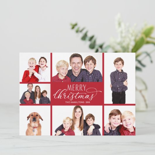 Foto Collage Weihnachtskarten 7 Fotos Chic Script Einladung (Stehend Vorderseite)