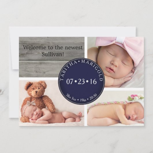 Foto Collage Wood Neutral Geburtserklärung Einladung (Vorderseite)