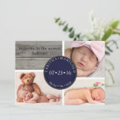 Foto Collage Wood Neutral Geburtserklärung Einladung (Stehend Vorderseite)