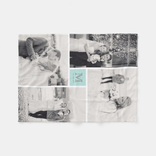 Foto-Collagen-Hochzeit des Türkis-Blau-Monogramm-4 Fleecedecke (Vorderseite (Horizontal))