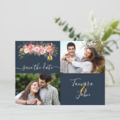 Foto Coral Floral Lights Navy Save the Date Einladung (Stehend Vorderseite)
