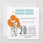 Foto Coral Turquoise Rustic Mason Jar Carnationen Einladung (Vorderseite)