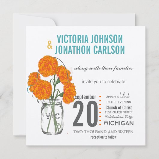 Foto Coral Turquoise Rustic Mason Jar Carnationen Einladung (Vorderseite)