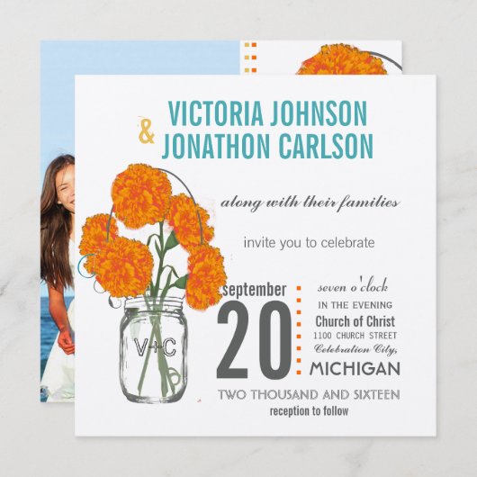 Foto Coral Turquoise Rustic Mason Jar Carnationen Einladung (Vorne/Hinten)