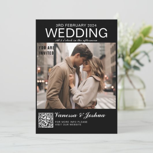 Foto Cover Magazin QR Code Hochzeit Einladung (Stehend Vorderseite)