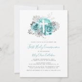 Foto Cross Aqua Silver Floral Erste Kommune Einladung (Vorderseite)